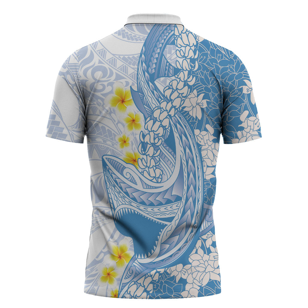 Blue Hawaii Shark Tattoo Zipper Polo Shirt Puakenikeni Lei Plumeria Polynesian Pattern