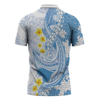 Blue Hawaii Shark Tattoo Zipper Polo Shirt Puakenikeni Lei Plumeria Polynesian Pattern