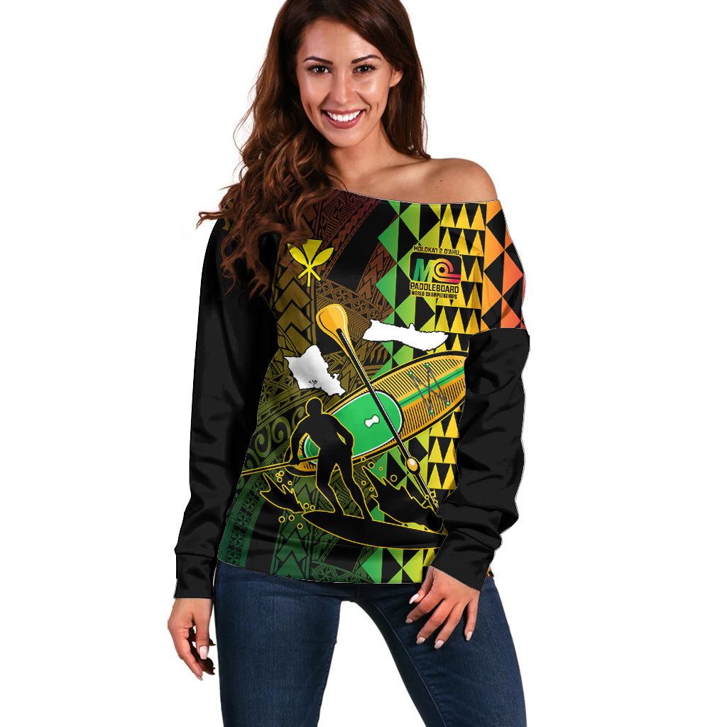 Paddle Board Hawaii Off Shoulder Sweater Molokai 2 Oahu World Championships Kakau Pattern LT14 Women Black - Polynesian Pride