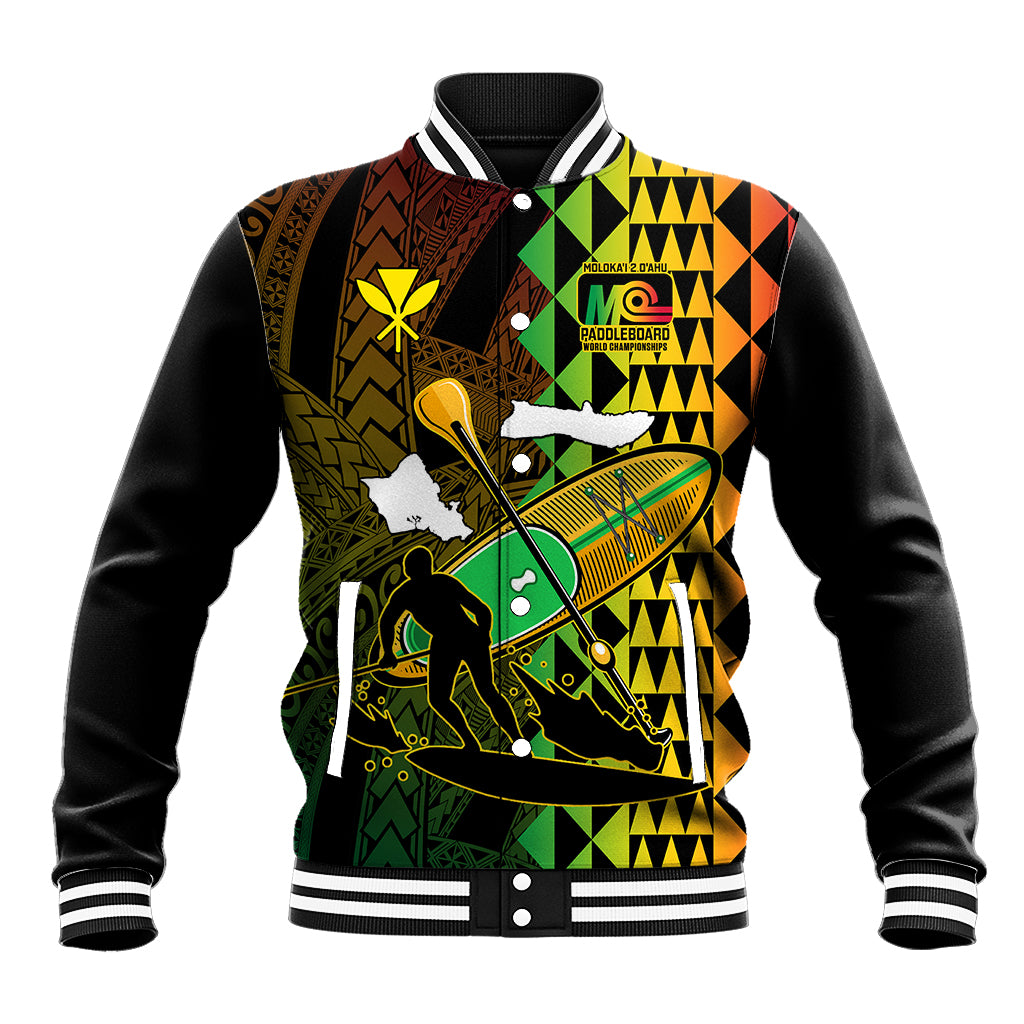 Personalised Paddle Board Hawaii Baseball Jacket Molokai 2 Oahu World Championships Kakau Pattern LT14 Unisex Black - Polynesian Pride