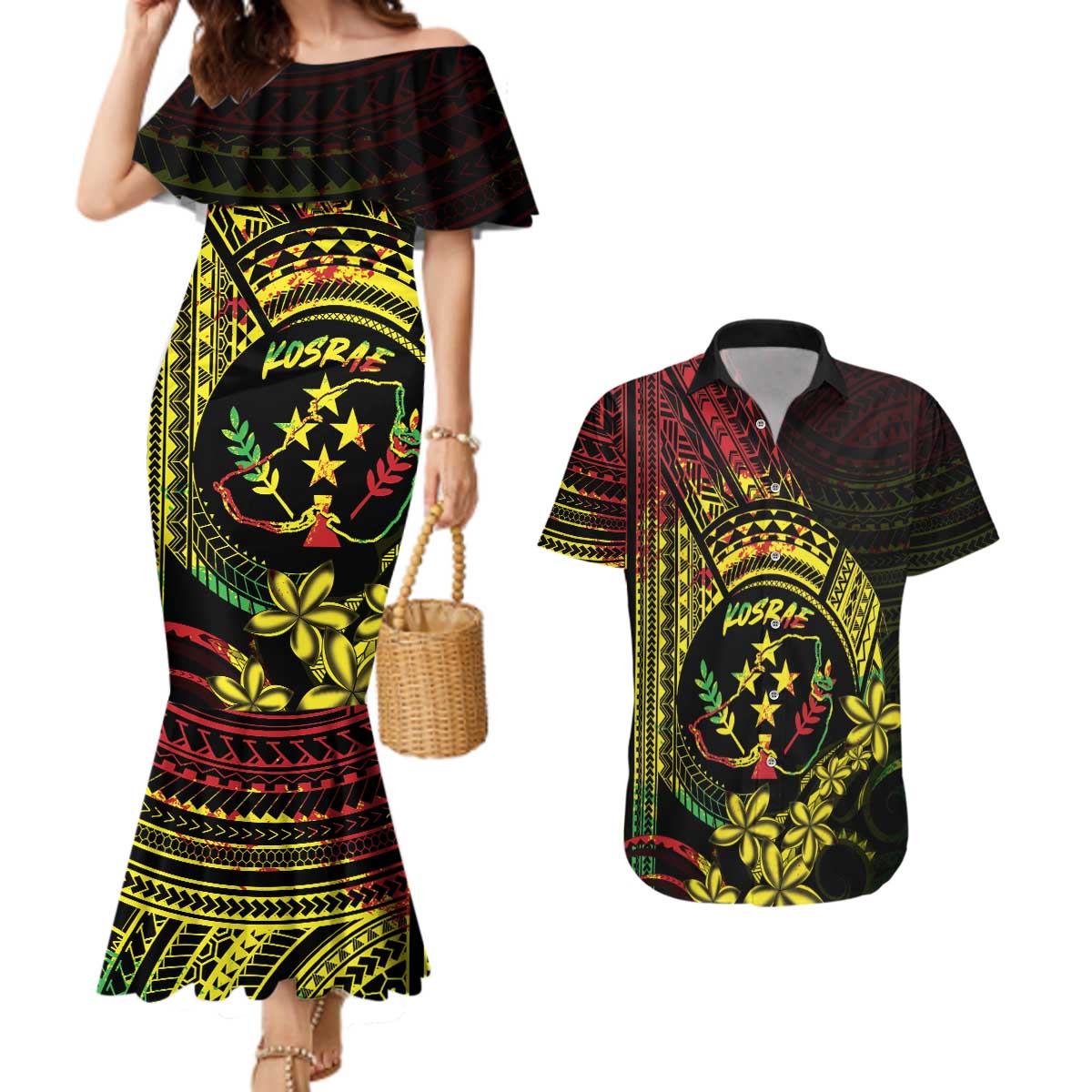Reggae Kosrae Liberation Day Couples Matching Mermaid Dress and Hawaiian Shirt September 8 Polynesian Tattoo - Polynesian Pride