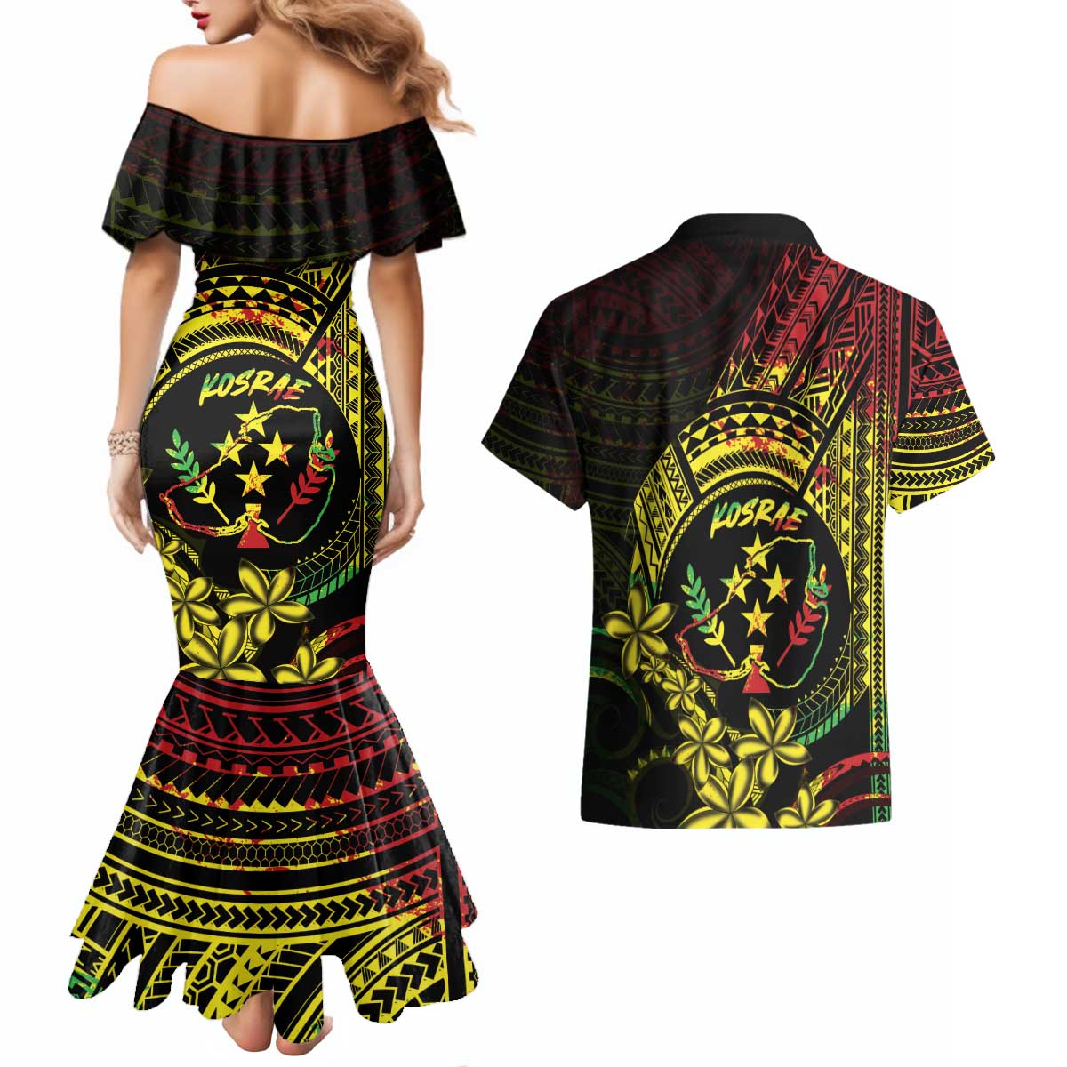 Reggae Kosrae Liberation Day Couples Matching Mermaid Dress and Hawaiian Shirt September 8 Polynesian Tattoo - Polynesian Pride