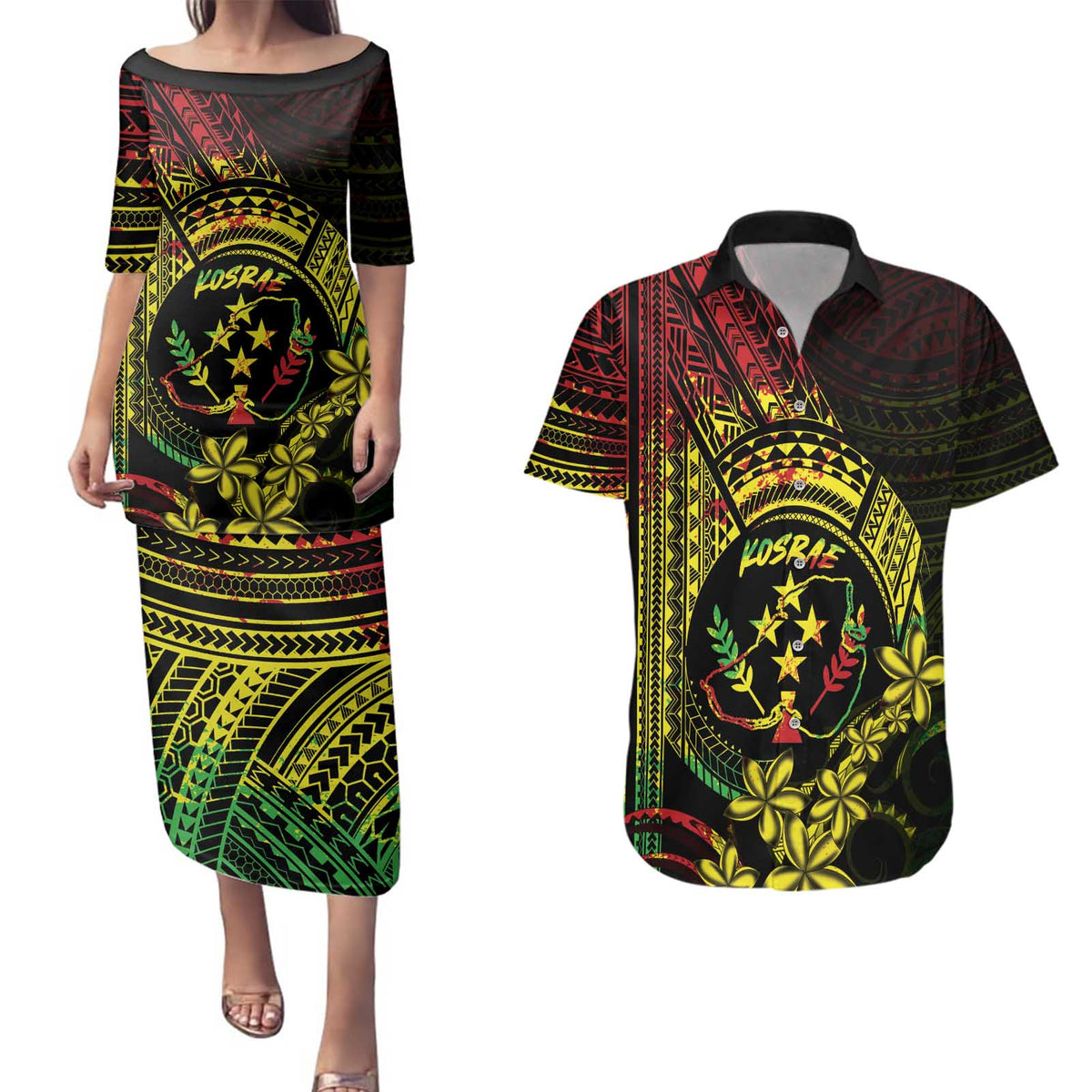 Reggae Kosrae Liberation Day Couples Matching Puletasi and Hawaiian Shirt September 8 Polynesian Tattoo - Polynesian Pride
