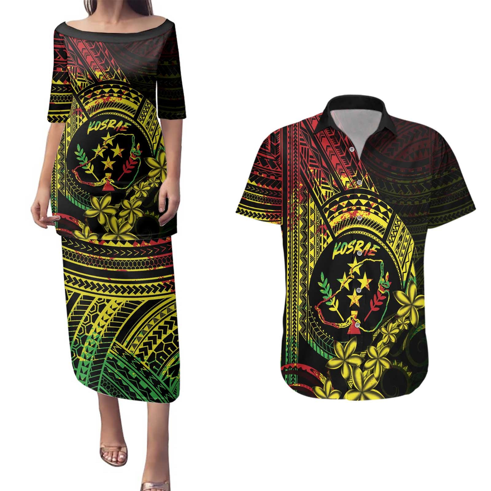Reggae Kosrae Liberation Day Couples Matching Puletasi and Hawaiian Shirt September 8 Polynesian Tattoo - Polynesian Pride