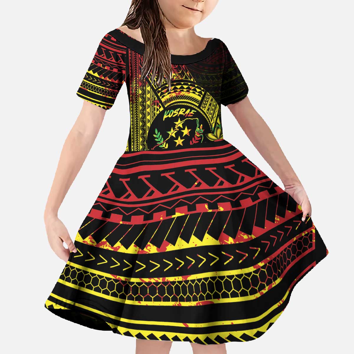 Reggae Kosrae Liberation Day Family Matching Off The Shoulder Long Sleeve Dress and Hawaiian Shirt September 8 Polynesian Tattoo LT14 Daughter's Dress Reggae - Polynesian Pride