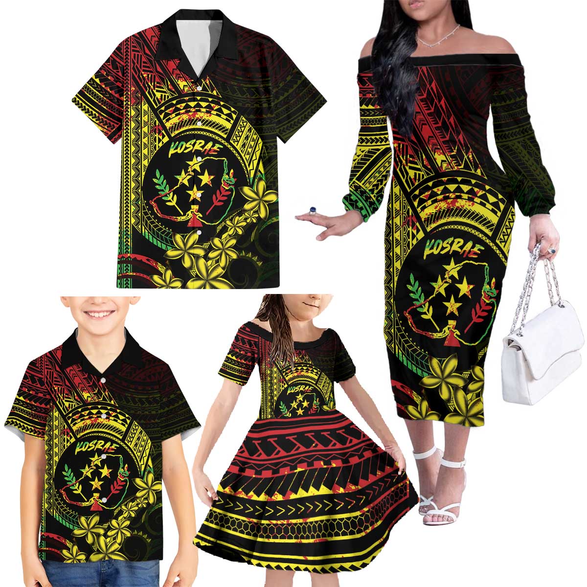 Reggae Kosrae Liberation Day Family Matching Off The Shoulder Long Sleeve Dress and Hawaiian Shirt September 8 Polynesian Tattoo LT14 - Polynesian Pride