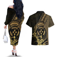 Gold Kosrae Liberation Day Couples Matching Off The Shoulder Long Sleeve Dress and Hawaiian Shirt September 8 Polynesian Tattoo - Polynesian Pride