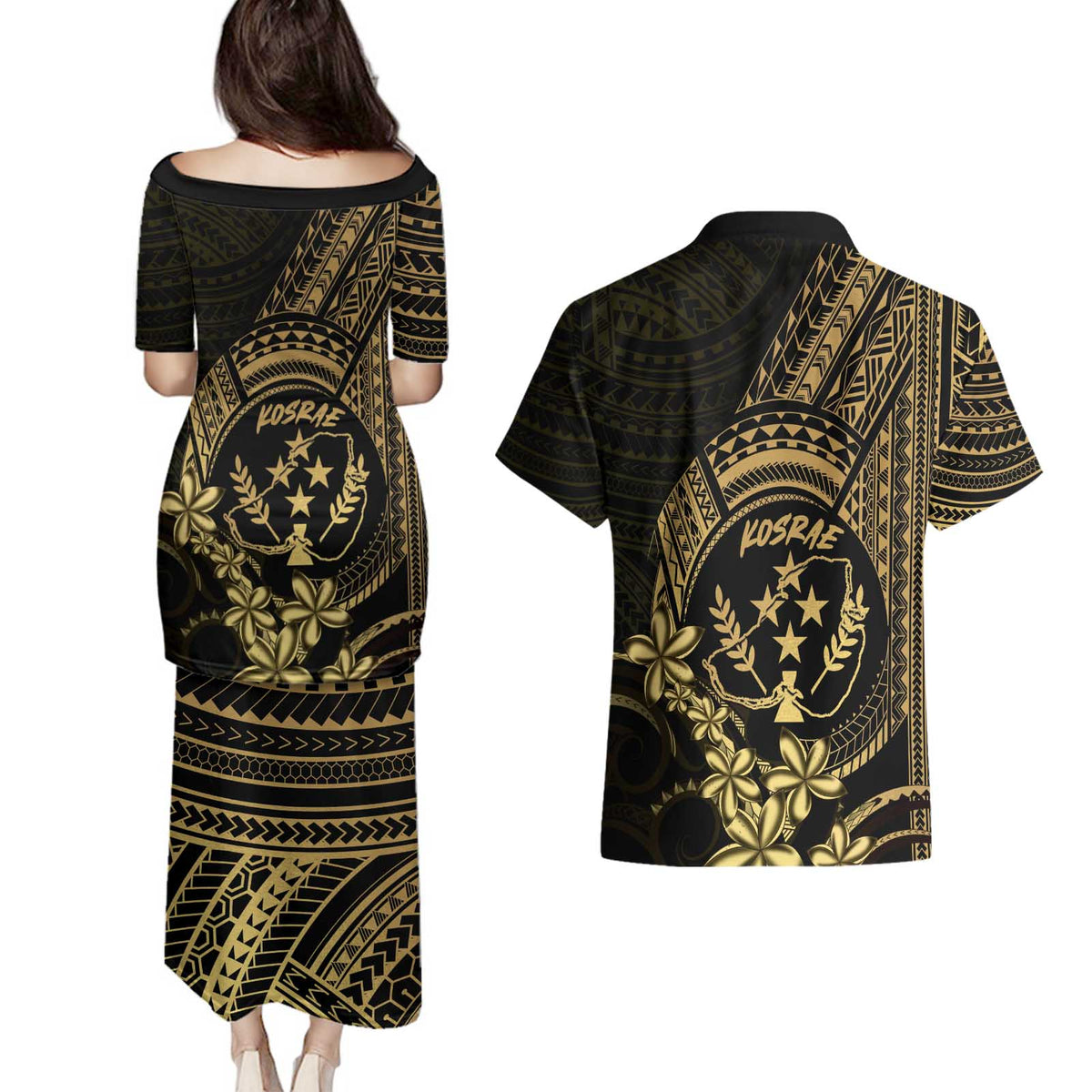 Gold Kosrae Liberation Day Couples Matching Puletasi and Hawaiian Shirt September 8 Polynesian Tattoo - Polynesian Pride