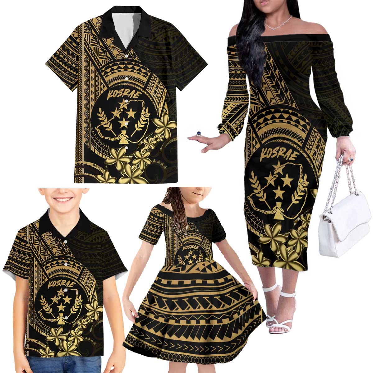 Gold Kosrae Liberation Day Family Matching Off The Shoulder Long Sleeve Dress and Hawaiian Shirt September 8 Polynesian Tattoo LT14 - Polynesian Pride