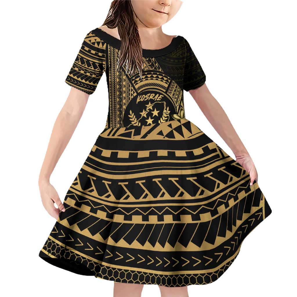 Gold Kosrae Liberation Day Family Matching Off Shoulder Short Dress and Hawaiian Shirt September 8 Polynesian Tattoo LT14 Daughter's Dress Gold - Polynesian Pride