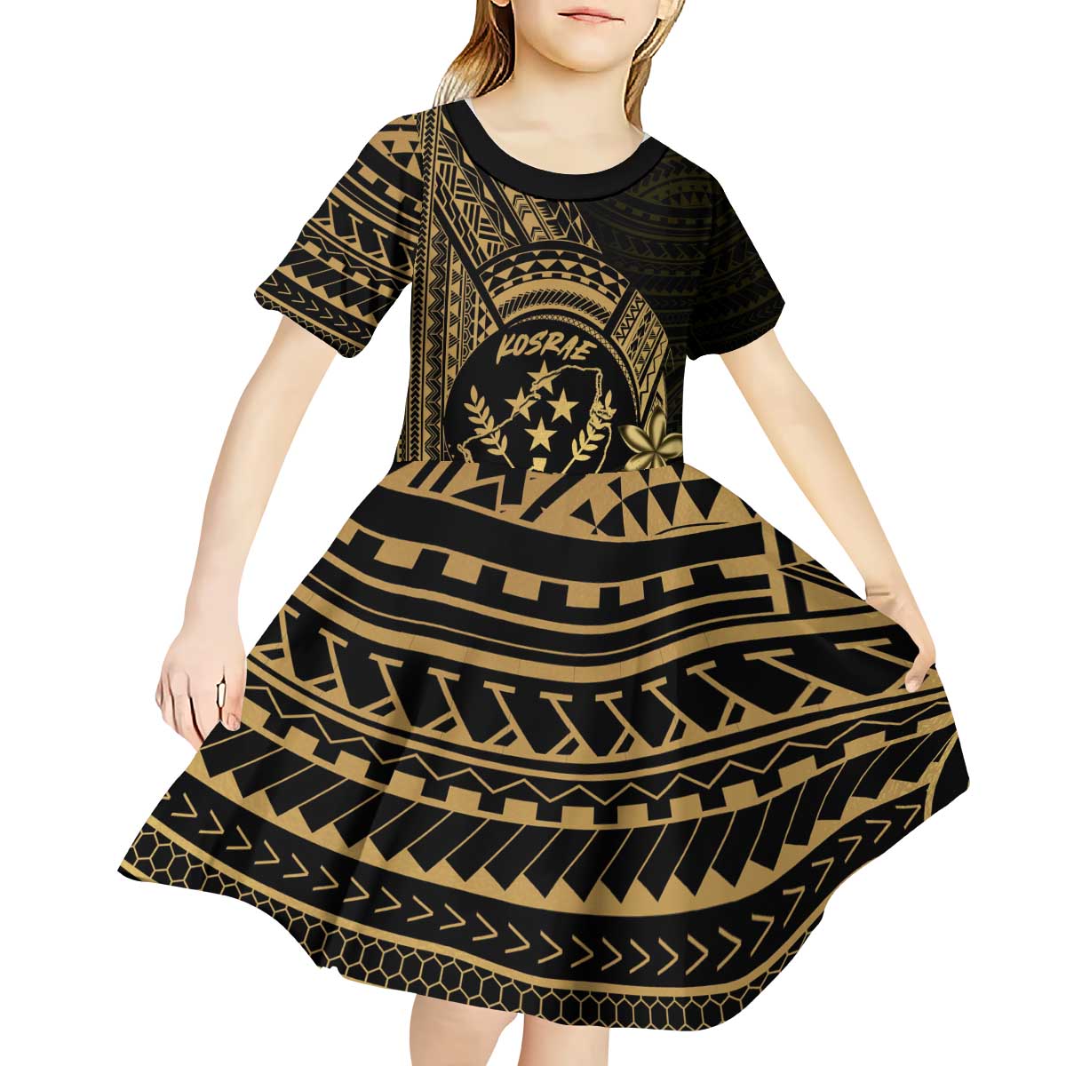 Gold Kosrae Liberation Day Kid Short Sleeve Dress September 8 Polynesian Tattoo LT14 - Polynesian Pride