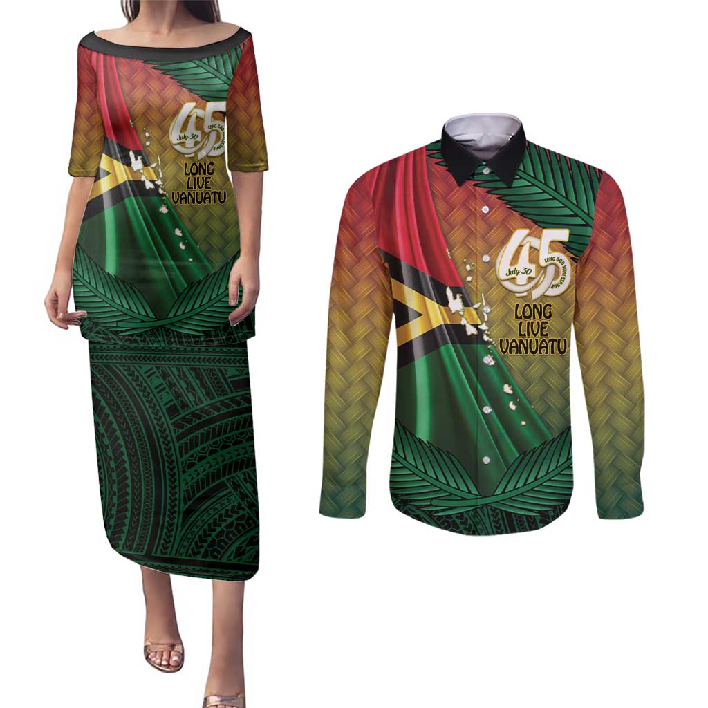Personalised Long Live Vanuatu Independence Day Couples Matching Puletasi and Long Sleeve Button Shirt 45th Anniversary Woven Pattern - Polynesian Pride