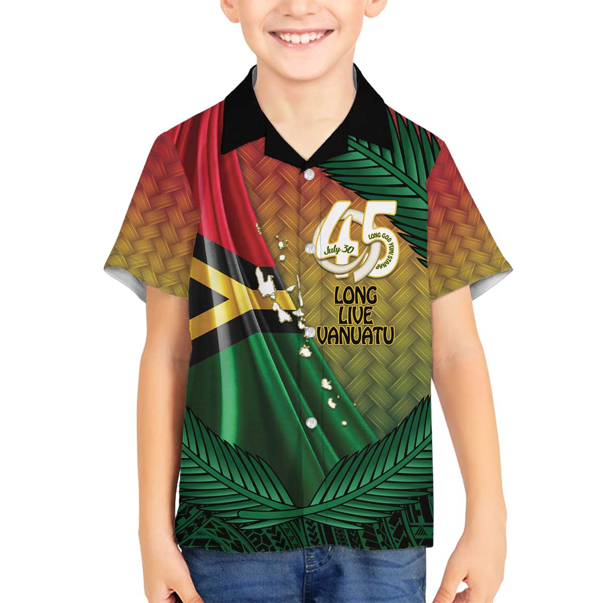 Personalised Long Live Vanuatu Independence Day Family Matching Off The Shoulder Long Sleeve Dress and Hawaiian Shirt 45th Anniversary Woven Pattern - Polynesian Pride