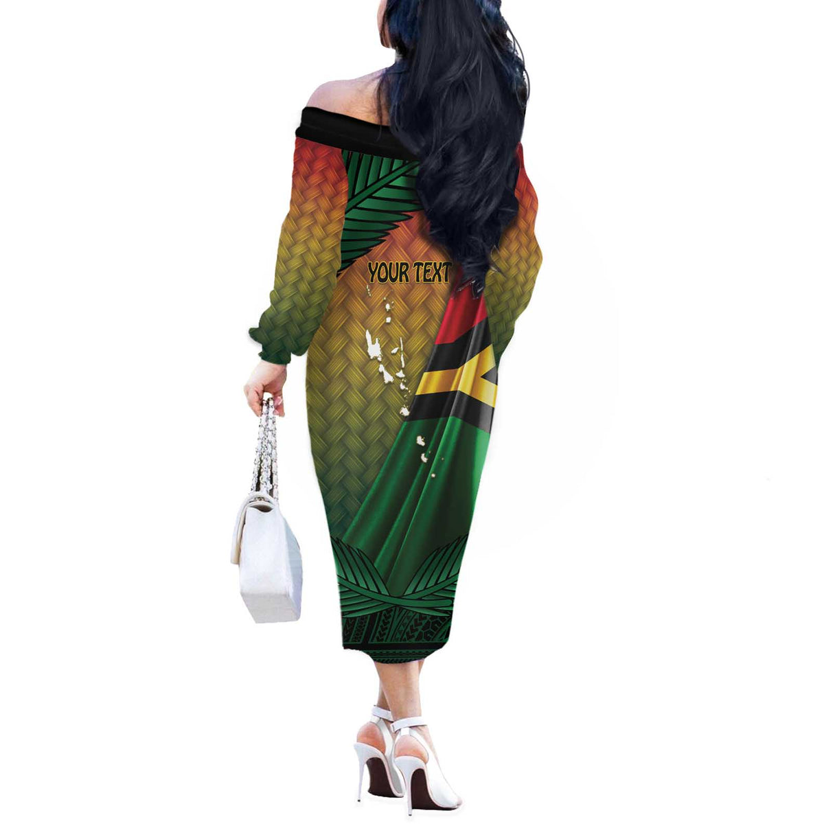 Personalised Long Live Vanuatu Independence Day Off The Shoulder Long Sleeve Dress 45th Anniversary Woven Pattern - Polynesian Pride