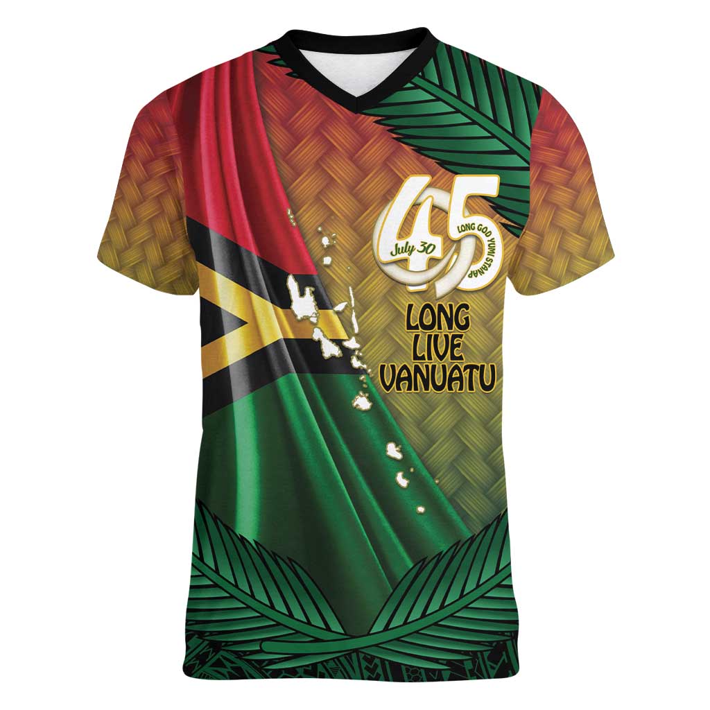 Personalised Long Live Vanuatu Independence Day Women V-Neck T-Shirt 45th Anniversary Woven Pattern - Polynesian Pride