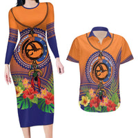 PNG New Ireland Province Couples Matching Long Sleeve Bodycon Dress and Hawaiian Shirt Niu Ailan Necklace Polynesian Tattoo LT14 Orange - Polynesian Pride