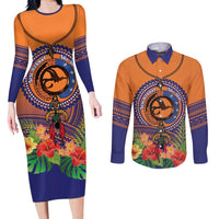 PNG New Ireland Province Couples Matching Long Sleeve Bodycon Dress and Long Sleeve Button Shirt Niu Ailan Necklace Polynesian Tattoo LT14 Orange - Polynesian Pride