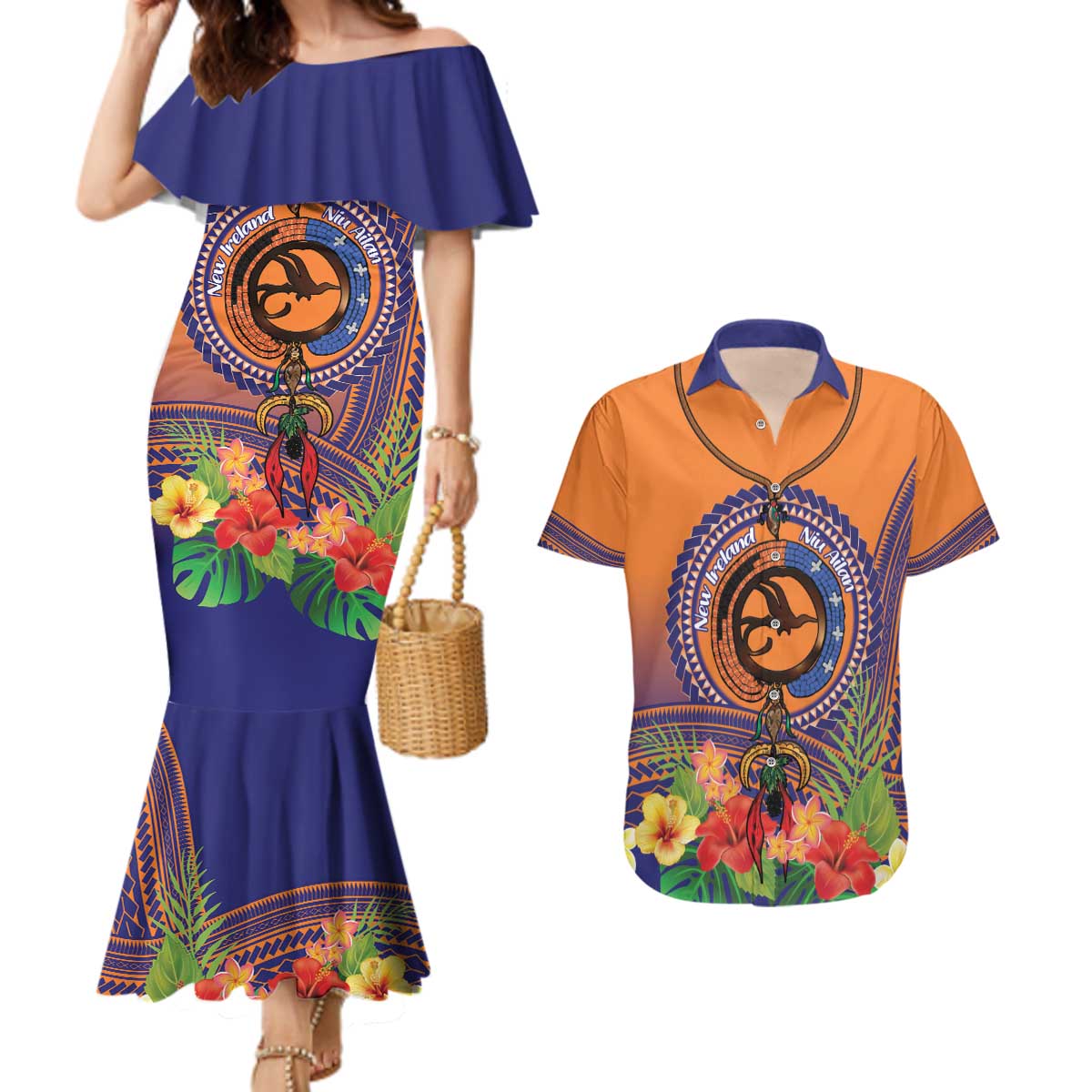 PNG New Ireland Province Couples Matching Mermaid Dress and Hawaiian Shirt Niu Ailan Necklace Polynesian Tattoo LT14 Orange - Polynesian Pride