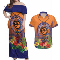 PNG New Ireland Province Couples Matching Off Shoulder Maxi Dress and Hawaiian Shirt Niu Ailan Necklace Polynesian Tattoo LT14 Orange - Polynesian Pride
