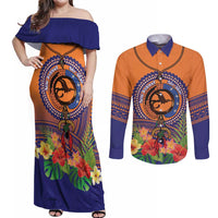 PNG New Ireland Province Couples Matching Off Shoulder Maxi Dress and Long Sleeve Button Shirt Niu Ailan Necklace Polynesian Tattoo LT14 Orange - Polynesian Pride