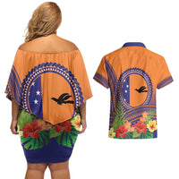 PNG New Ireland Province Couples Matching Off Shoulder Short Dress and Hawaiian Shirt Niu Ailan Necklace Polynesian Tattoo LT14 - Polynesian Pride