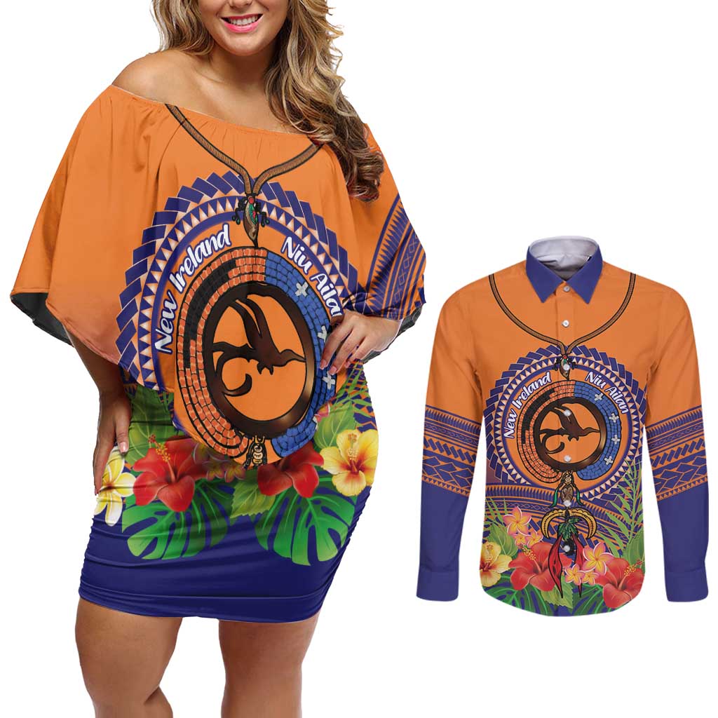 PNG New Ireland Province Couples Matching Off Shoulder Short Dress and Long Sleeve Button Shirt Niu Ailan Necklace Polynesian Tattoo LT14 Orange - Polynesian Pride