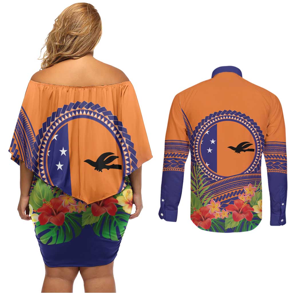 PNG New Ireland Province Couples Matching Off Shoulder Short Dress and Long Sleeve Button Shirt Niu Ailan Necklace Polynesian Tattoo LT14 - Polynesian Pride