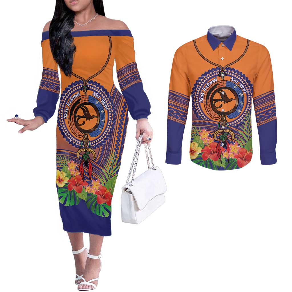PNG New Ireland Province Couples Matching Off The Shoulder Long Sleeve Dress and Long Sleeve Button Shirt Niu Ailan Necklace Polynesian Tattoo LT14 Orange - Polynesian Pride