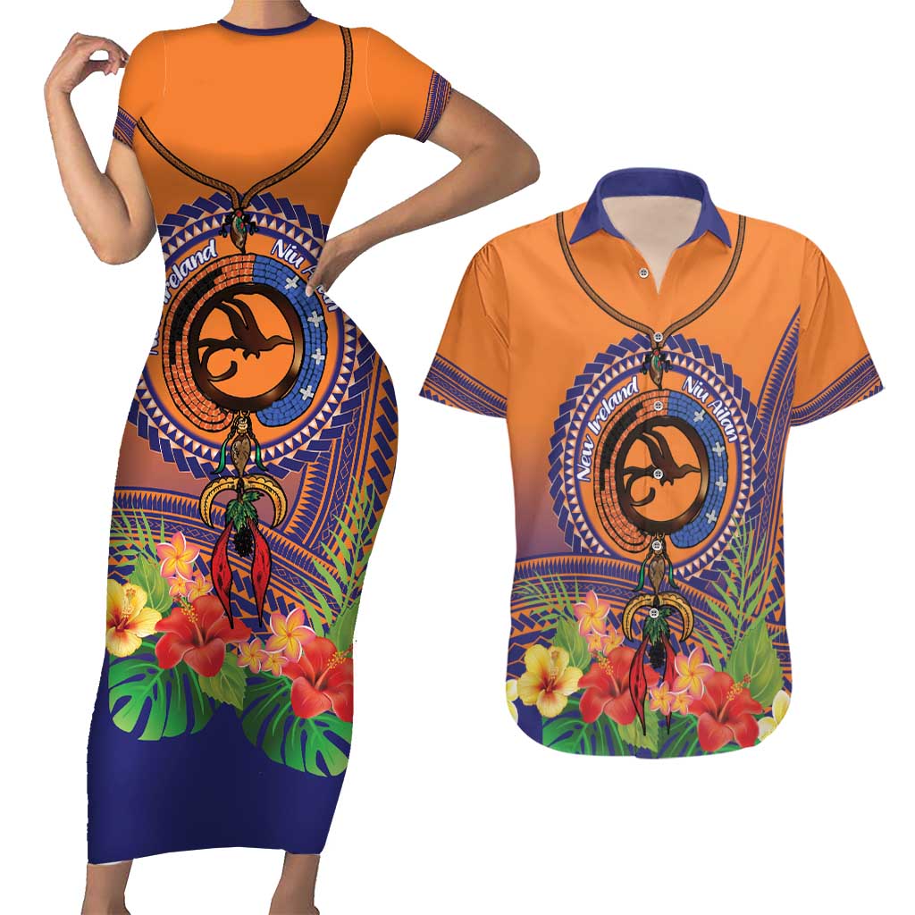 PNG New Ireland Province Couples Matching Short Sleeve Bodycon Dress and Hawaiian Shirt Niu Ailan Necklace Polynesian Tattoo LT14 Orange - Polynesian Pride