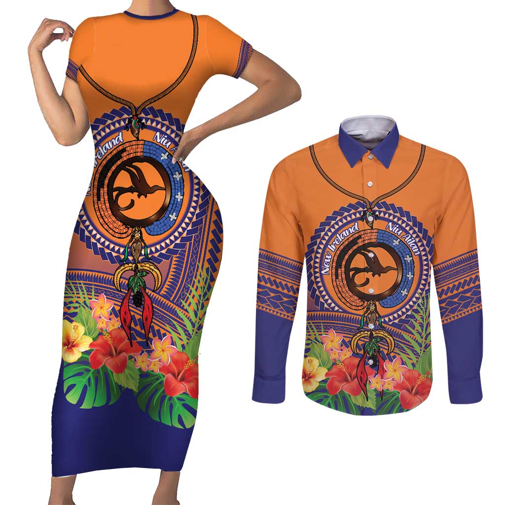 PNG New Ireland Province Couples Matching Short Sleeve Bodycon Dress and Long Sleeve Button Shirt Niu Ailan Necklace Polynesian Tattoo LT14 Orange - Polynesian Pride