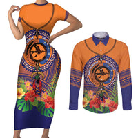 PNG New Ireland Province Couples Matching Short Sleeve Bodycon Dress and Long Sleeve Button Shirt Niu Ailan Necklace Polynesian Tattoo LT14 Orange - Polynesian Pride