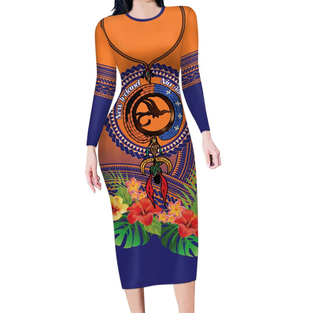 PNG New Ireland Province Family Matching Long Sleeve Bodycon Dress and Hawaiian Shirt Niu Ailan Necklace Polynesian Tattoo LT14 Mom's Dress Orange - Polynesian Pride