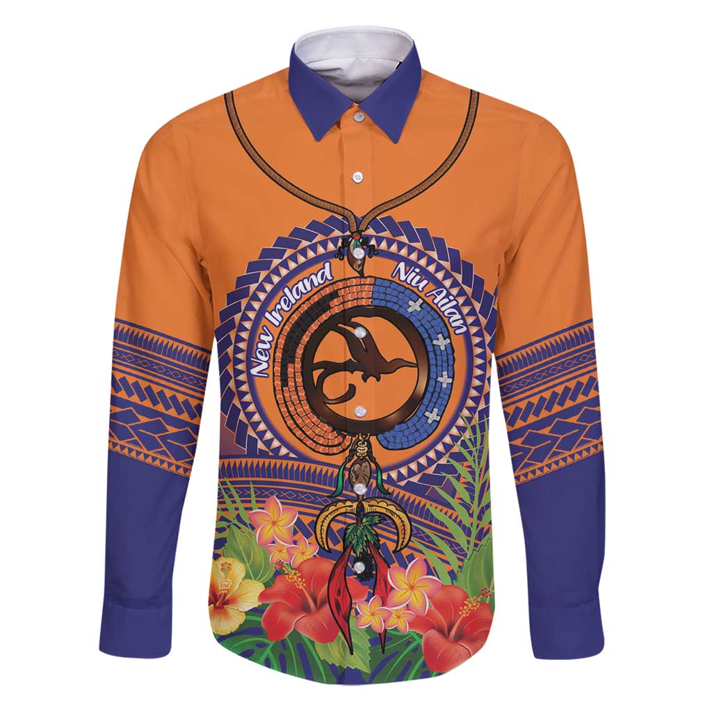 PNG New Ireland Province Family Matching Puletasi and Hawaiian Shirt Niu Ailan Necklace Polynesian Tattoo LT14 Dad's Shirt - Long Sleeve Orange - Polynesian Pride
