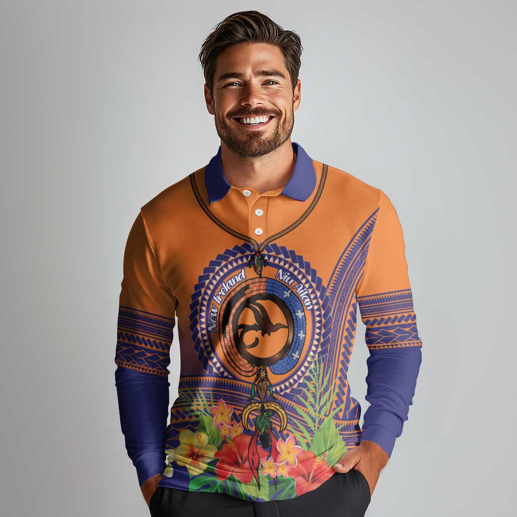PNG New Ireland Province Long Sleeve Polo Shirt Niu Ailan Necklace Polynesian Tattoo LT14 - Polynesian Pride