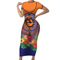 PNG New Ireland Province Short Sleeve Bodycon Dress Niu Ailan Necklace Polynesian Tattoo LT14 Long Dress Orange - Polynesian Pride