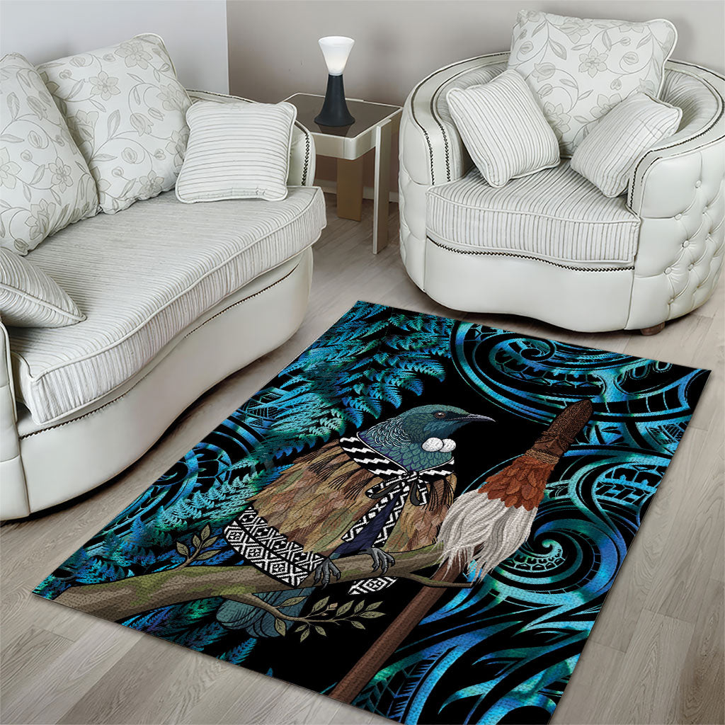 New Zealand Tui Bird Taiaha Area Rug Maori Weapon Paua Shell Mix Silver Fern