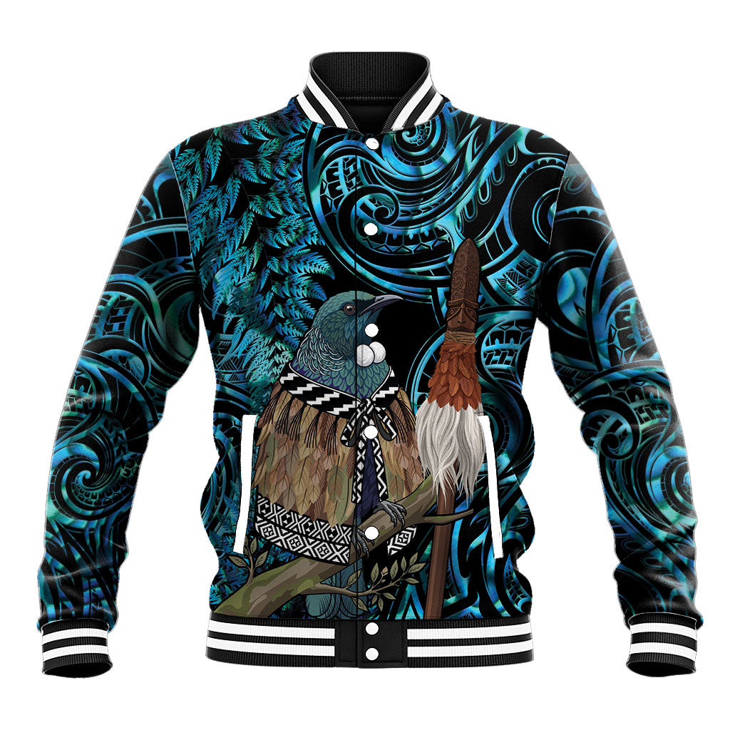New Zealand Tui Bird Taiaha Baseball Jacket Maori Weapon Paua Shell Mix Silver Fern LT14 Unisex Turquoise - Polynesian Pride
