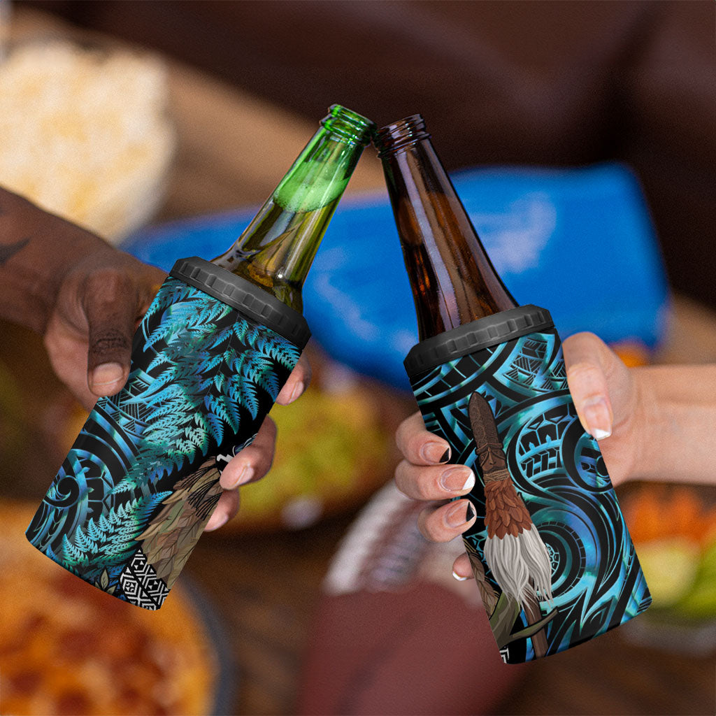 New Zealand Tui Bird Taiaha 4 in 1 Can Cooler Tumbler Maori Weapon Paua Shell Mix Silver Fern