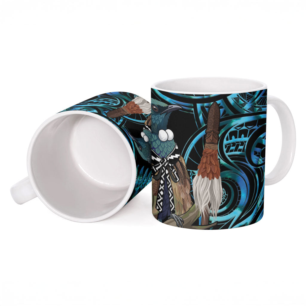 New Zealand Tui Bird Taiaha Ceramic Mug Maori Weapon Paua Shell Mix Silver Fern