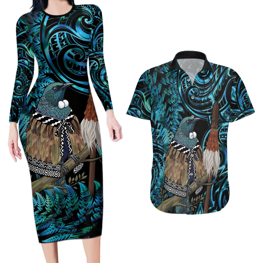 New Zealand Tui Bird Taiaha Couples Matching Long Sleeve Bodycon Dress and Hawaiian Shirt Maori Weapon Paua Shell Mix Silver Fern LT14 Turquoise - Polynesian Pride
