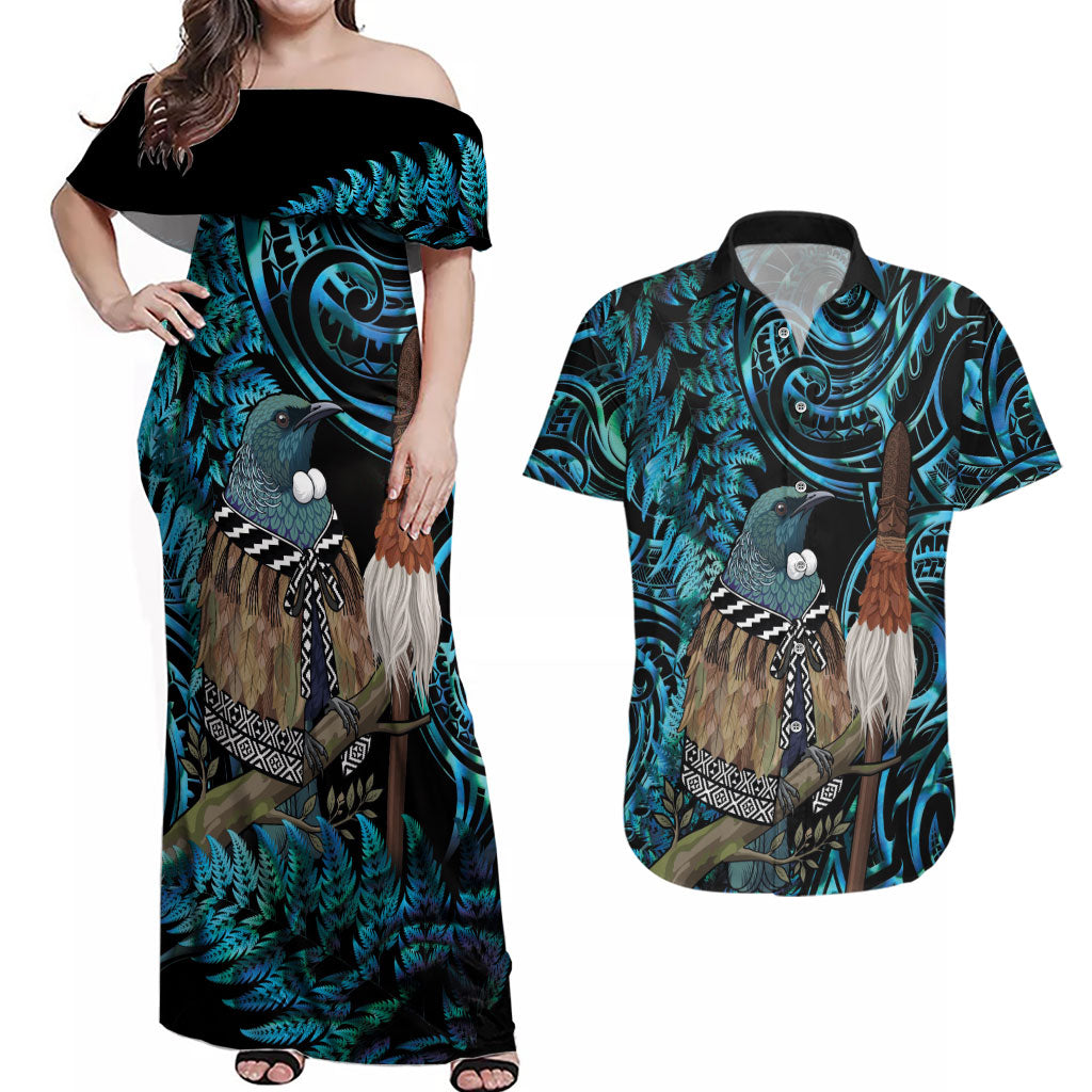 New Zealand Tui Bird Taiaha Couples Matching Off Shoulder Maxi Dress and Hawaiian Shirt Maori Weapon Paua Shell Mix Silver Fern