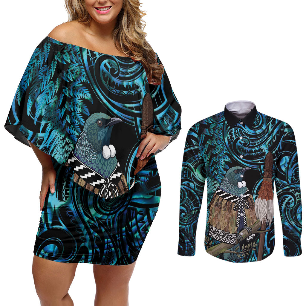 New Zealand Tui Bird Taiaha Couples Matching Off Shoulder Short Dress and Long Sleeve Button Shirt Maori Weapon Paua Shell Mix Silver Fern