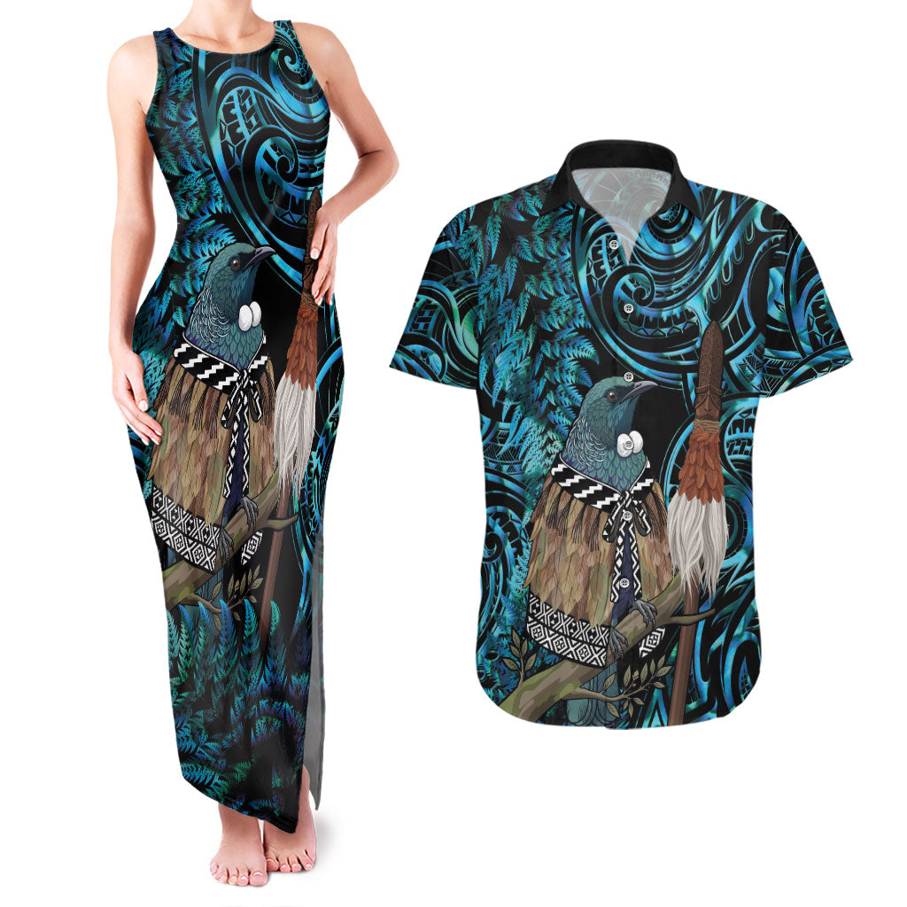 New Zealand Tui Bird Taiaha Couples Matching Tank Maxi Dress and Hawaiian Shirt Maori Weapon Paua Shell Mix Silver Fern LT14 Turquoise - Polynesian Pride