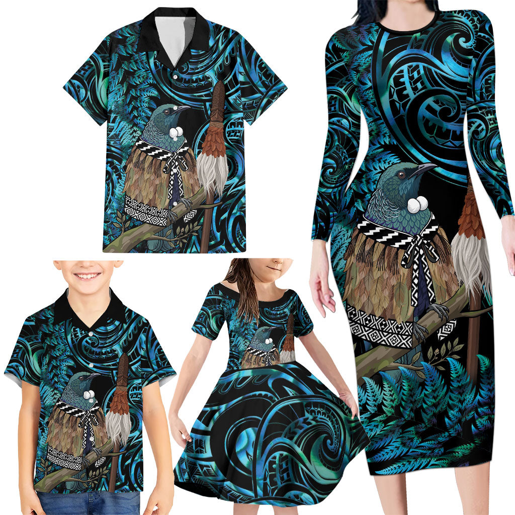 New Zealand Tui Bird Taiaha Family Matching Long Sleeve Bodycon Dress and Hawaiian Shirt Maori Weapon Paua Shell Mix Silver Fern