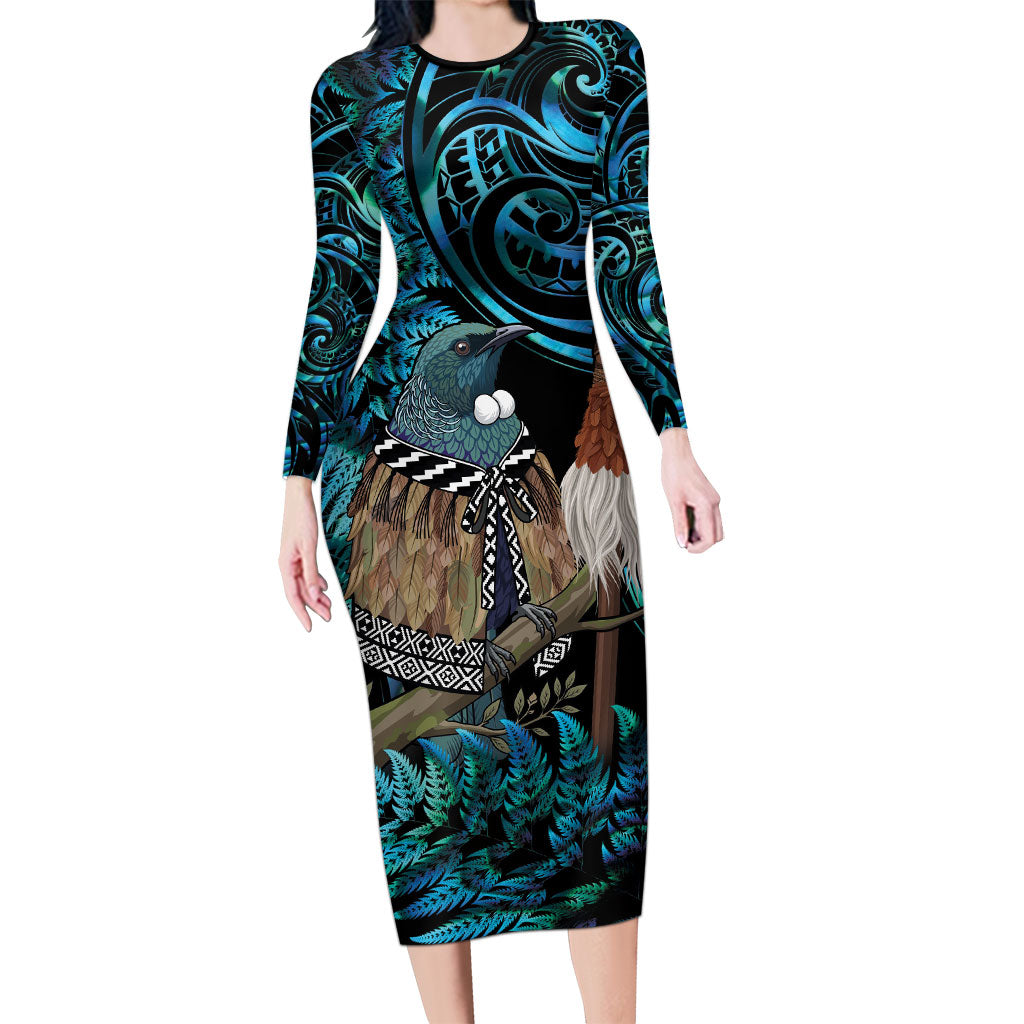 New Zealand Tui Bird Taiaha Family Matching Long Sleeve Bodycon Dress and Hawaiian Shirt Maori Weapon Paua Shell Mix Silver Fern