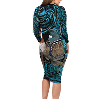 New Zealand Tui Bird Taiaha Family Matching Long Sleeve Bodycon Dress and Hawaiian Shirt Maori Weapon Paua Shell Mix Silver Fern