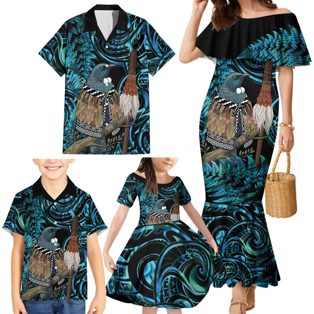 New Zealand Tui Bird Taiaha Family Matching Mermaid Dress and Hawaiian Shirt Maori Weapon Paua Shell Mix Silver Fern LT14 - Polynesian Pride