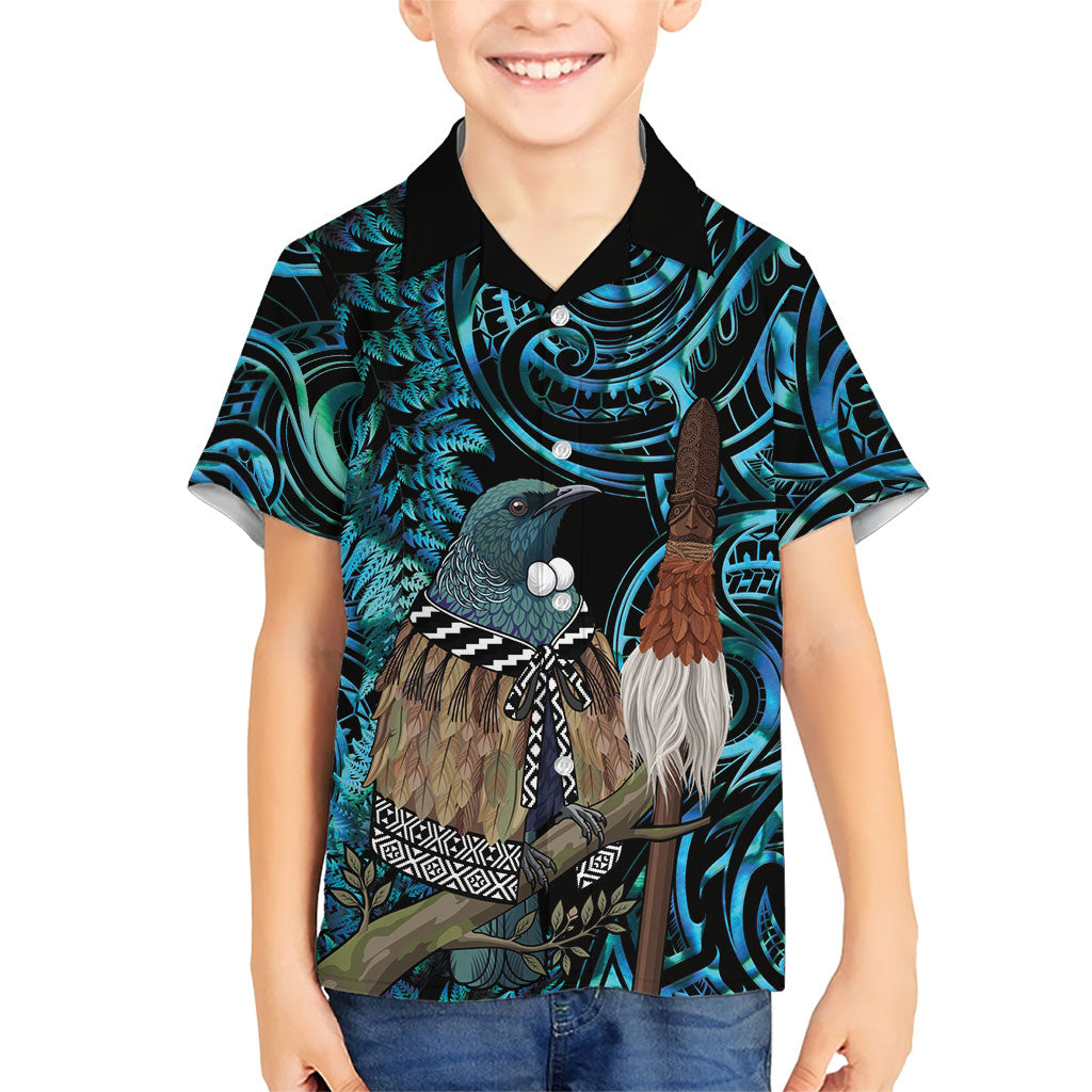 New Zealand Tui Bird Taiaha Family Matching Mermaid Dress and Hawaiian Shirt Maori Weapon Paua Shell Mix Silver Fern