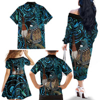 New Zealand Tui Bird Taiaha Family Matching Off The Shoulder Long Sleeve Dress and Hawaiian Shirt Maori Weapon Paua Shell Mix Silver Fern