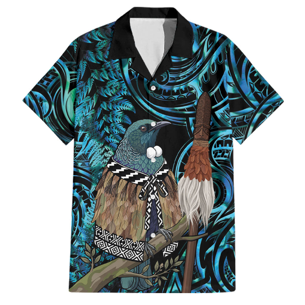 New Zealand Tui Bird Taiaha Family Matching Off The Shoulder Long Sleeve Dress and Hawaiian Shirt Maori Weapon Paua Shell Mix Silver Fern